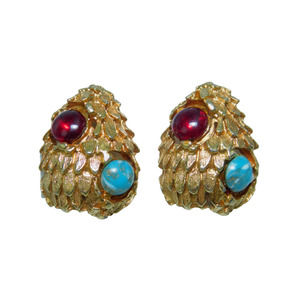 Vintage Faux Turquoise & Ruby Cabochon Gold Tone Earrings